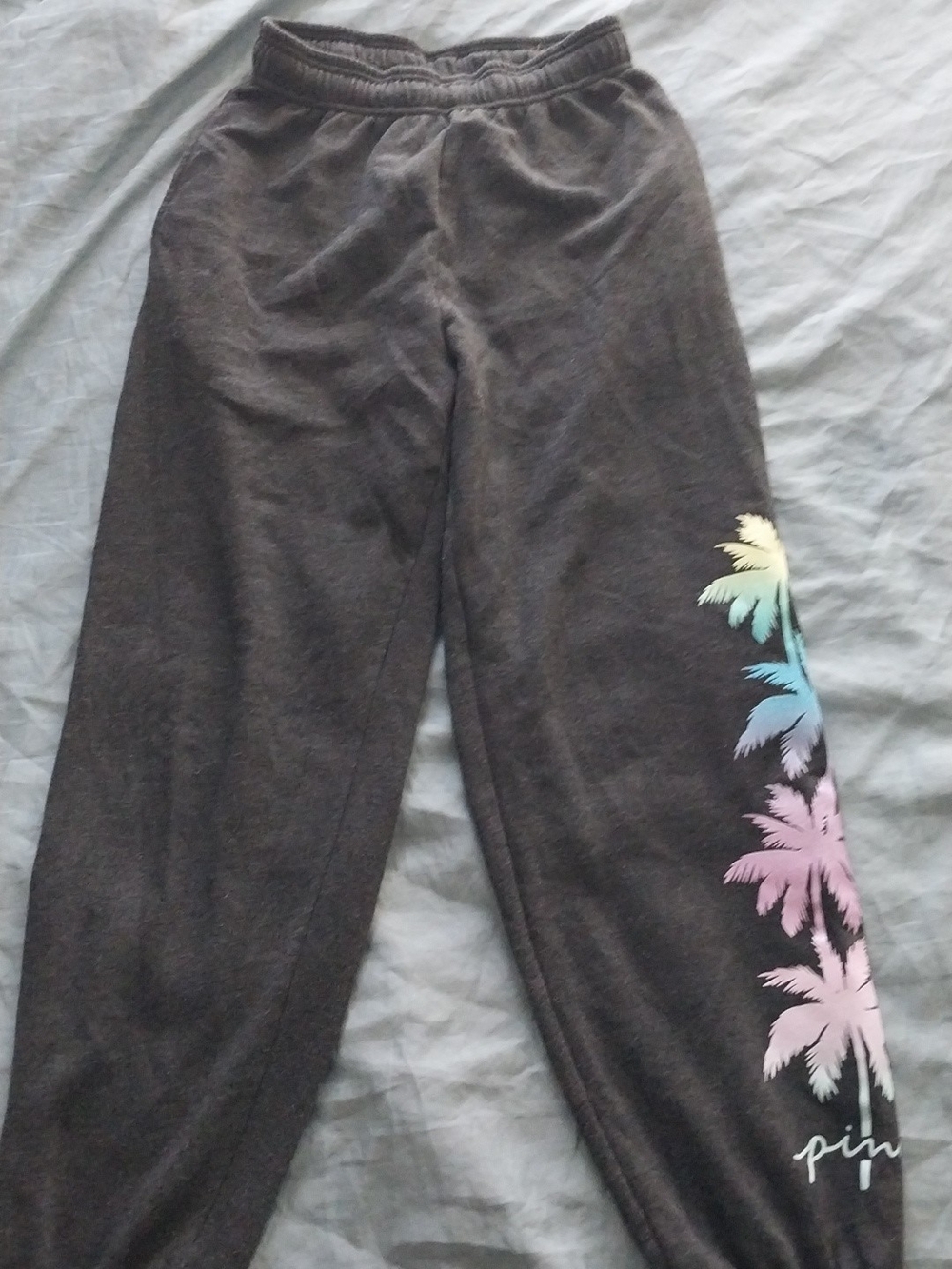 PINK/ Victoria's Secret Black Sweatpants with Pastel Palm Side Print